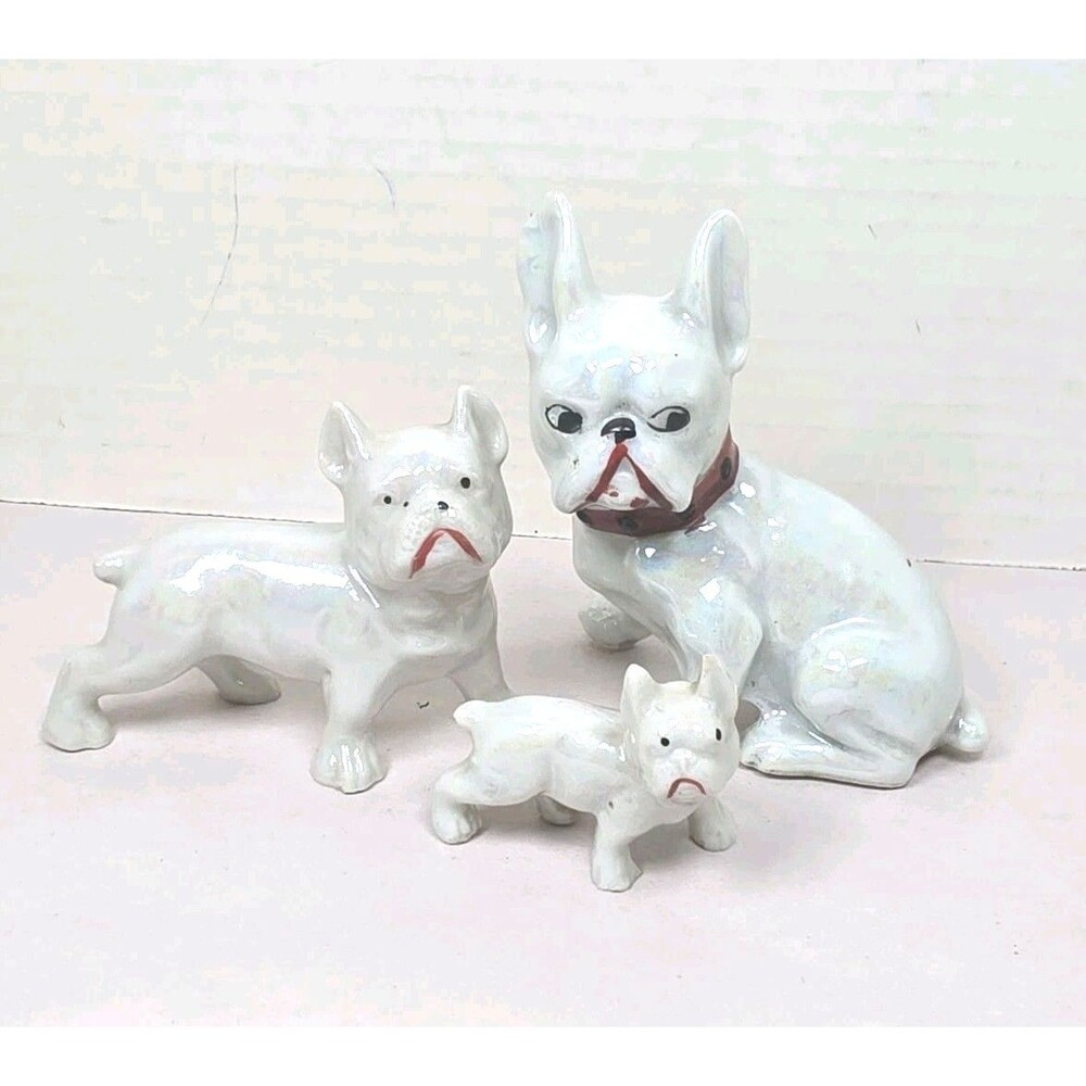 Vintage Mid century Opalescent Boston Terrier Dog Figurine Set Of 3